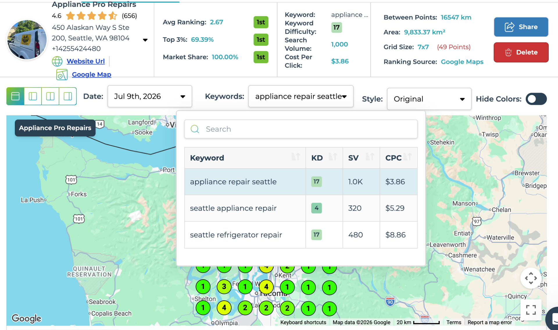 Keyword Board local ranking grid for Appliance Pro Repairs